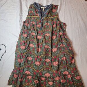 Matilda Jane Breaking New Ground Green Floral Print Lace Trim Shift Dress Sz L